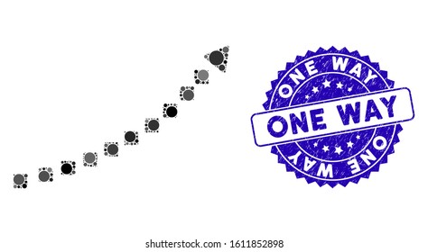 Collage dotted growth trend icon and grunge stamp watermark with One Way text. Mosaic vector is formed with dotted growth trend icon and with scattered circle items.