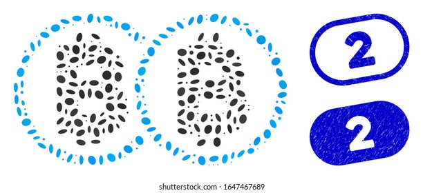 Collage double Bitcoin and distressed stamp seals with 2 text. Mosaic vector double Bitcoin is designed with random ellipse spots. 2 stamp seals use blue color, and have round rectangle shape.