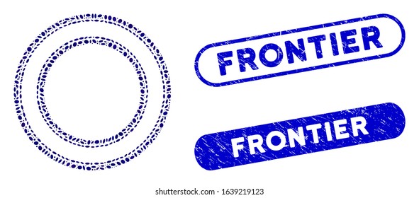 Collage double circle frame and corroded stamp seals with Frontier caption. Mosaic vector double circle frame is created with randomized elliptic items. Frontier stamp seals use blue color,