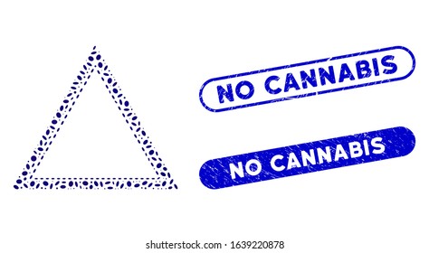Collage double triangle frame and distressed stamp seals with No Cannabis phrase. Mosaic vector double triangle frame is formed with randomized elliptic items. No Cannabis stamp seals use blue color,