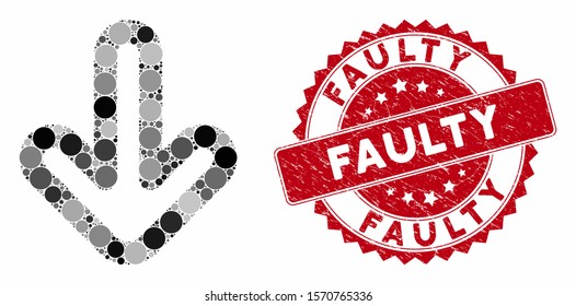 Collage down arrow and grunge stamp seal with Faulty caption. Mosaic vector is created with down arrow icon and with scattered round elements. Faulty stamp seal uses red color, and grunged surface.
