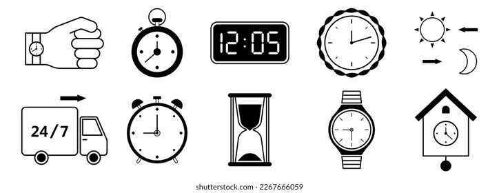 Collage of drawn different clocks with delivery truck, sun and m