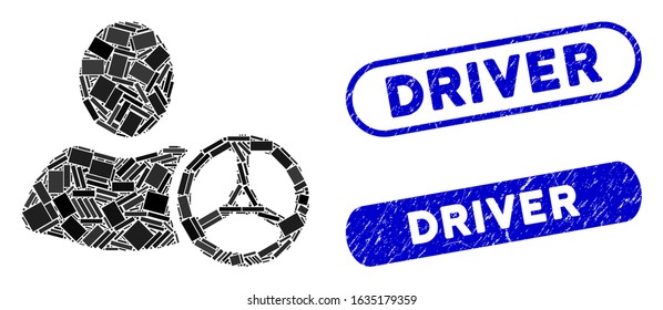 Collage driver and corroded stamp seals with Driver text. Mosaic vector driver is composed with random rectangle items. Driver stamp seals use blue color, and have round rectangle shape.