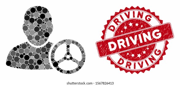 Collage driver wheel and grunge stamp seal with Driving text. Mosaic vector is created with driver wheel icon and with randomized spheric elements. Driving stamp seal uses red color,