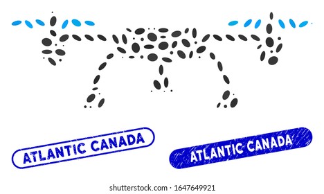 Collage drone and corroded stamp seals with Atlantic Canada caption. Mosaic vector drone is formed with random elliptic elements. Atlantic Canada stamp seals use blue color,