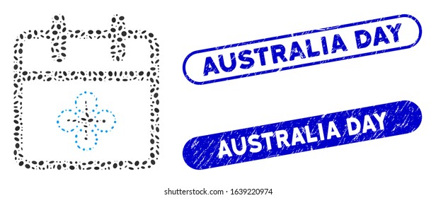 Collage drone day and corroded stamp seals with Australia Day text. Mosaic vector drone day is designed with randomized oval items. Australia Day stamp seals use blue color,