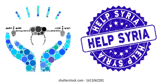Collage drone launch hands icon and corroded stamp seal with Help Syria text. Mosaic vector is created with drone launch hands icon and with randomized round items.