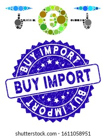 Collage drone payment icon and grunge stamp seal with Buy Import caption. Mosaic vector is created with drone payment icon and with randomized spheric elements. Buy Import seal uses blue color,