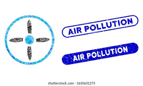 Collage drone screw and corroded stamp seals with Air Pollution caption. Mosaic vector drone screw is formed with scattered rectangle items. Air Pollution stamp seals use blue color,