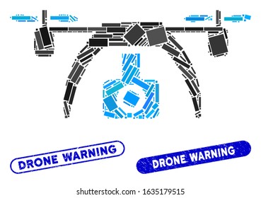 Collage drone video camera and grunge stamp seals with Drone Warning phrase. Mosaic vector drone video camera is designed with randomized rectangle items. Drone Warning stamp seals use blue color,