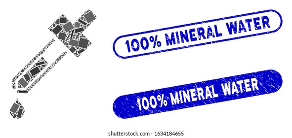 Collage dropper and corroded stamp seals with 100% Mineral Water text. Mosaic vector dropper is formed with randomized rectangle items. 100% Mineral Water stamp seals use blue color,