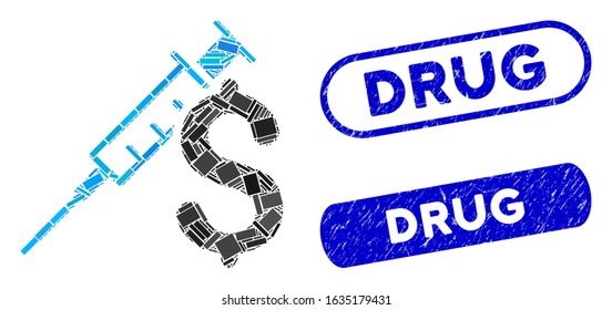 Collage drug business and rubber stamp seals with Drug text. Mosaic vector drug business is designed with random rectangle items. Drug stamp seals use blue color, and have round rectangle shape.