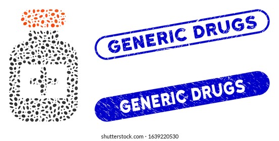 Collage drugs bottle and corroded stamp seals with Generic Drugs caption. Mosaic vector drugs bottle is created with randomized elliptic spots. Generic Drugs stamp seals use blue color,