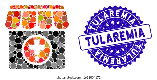 Collage drugstore icon and rubber stamp seal with Tularemia caption. Mosaic vector is designed with drugstore icon and with scattered round spots. Tularemia seal uses blue color, and scratched design.