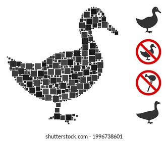 Collage Duck icon united from square items in variable sizes and color hues. Vector square items are united into abstract mosaic duck icon. Bonus pictograms are placed.