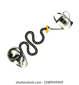 Collage of an ear with a watering can. Lies, fake, news.  Vector illustration.