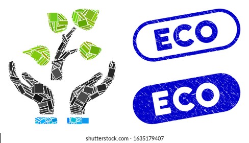 Collage eco project and rubber stamp seals with Eco caption. Mosaic vector eco project is created with random rectangle items. Eco stamp seals use blue color, and have round rectangle shape.