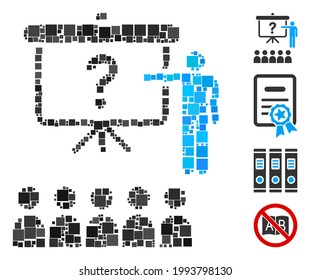 Collage Education icon united from square items in various sizes and color hues. Vector square items are combined into abstract collage education icon. Bonus pictograms are placed.