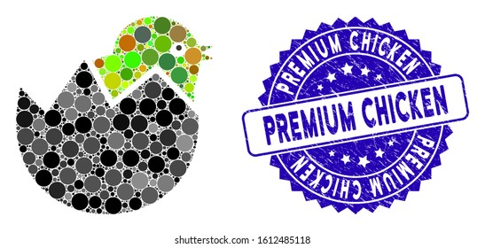 Collage egg chick icon and grunge stamp seal with Premium Chicken caption. Mosaic vector is designed from egg chick icon and with randomized spheric elements.