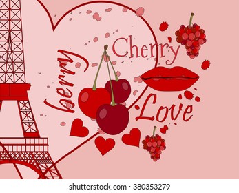 Collage from the Eiffel Tower, a cherry and a kiss. Romantic collage. Paris. France. Contemporary art. Vector illustration.