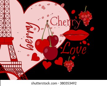 Collage from the Eiffel Tower, a cherry and a kiss. Romantic collage. Paris. France. Contemporary art. Vector illustration.