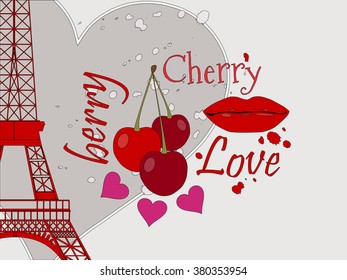 Collage from the Eiffel Tower, a cherry and a kiss. Romantic collage. Paris. France. Contemporary art. Vector illustration.