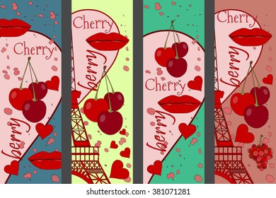 Collage from the Eiffel Tower, a cherry and a kiss. Set romantic collages. Paris. France. Contemporary art. Vector illustration.