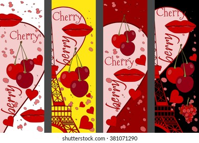 Collage from the Eiffel Tower, a cherry and a kiss. Set romantic collages. Paris. France. Contemporary art. Vector illustration.