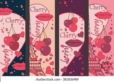 Collage from the Eiffel Tower, a cherry and a kiss. Set romantic collages. Paris. France. Contemporary art. Vector illustration.