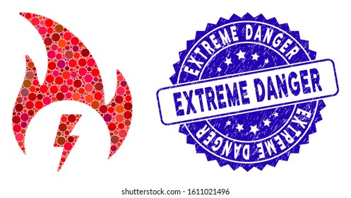 Collage electric fire icon and distressed stamp seal with Extreme Danger text. Mosaic vector is formed with electric fire icon and with random round spots. Extreme Danger stamp seal uses blue color,