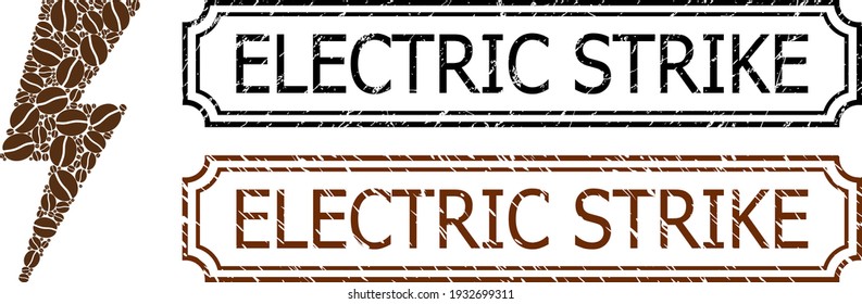 Collage electric strike united from coffee seeds, and grunge Electric Strike rectangle seal stamps with notches.