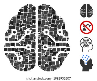 Collage Electronic brain icon united from square items in random sizes and color hues. Vector square elements are united into abstract composition electronic brain icon. Bonus pictograms are added.