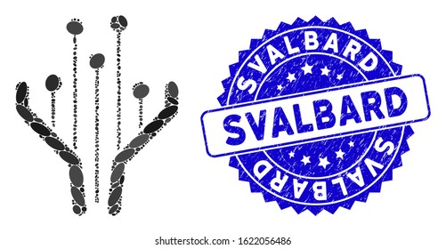 Collage electronic filter icon and distressed stamp seal with Svalbard phrase. Mosaic vector is designed with electronic filter icon and with randomized oval spots.