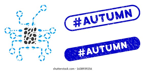 Collage electronics and distressed stamp seals with #Autumn phrase. Mosaic vector electronics is created with scattered oval dots. #Autumn stamp seals use blue color, and have round rectangle shape.