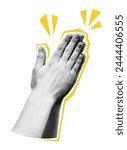 Collage element of clapping hands. Halftone applauding hands gesture. Cut out of magazine shapes. Success, appreciation, celebration. Grunge modern retro vector illustration on transparent background