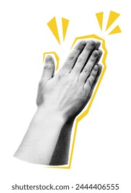 Collage element of clapping hands. Halftone applauding hands gesture. Cut out of magazine shapes. Success, appreciation, celebration. Grunge modern retro vector illustration on transparent background