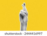 Collage element of crossed fingers hand. Halftone hand showing good luck sign, make wish. Cut out of magazine shape against yellow background with copy space. Grunge modern retro vector illustration
