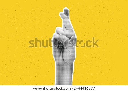 Collage element of crossed fingers hand. Halftone hand showing good luck sign, make wish. Cut out of magazine shape against yellow background with copy space. Grunge modern retro vector illustration
