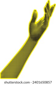 Collage element with female hand and cutout shape, retro halftone effect.