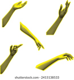 Collage element with female hand and cutout shape, retro halftone effect.