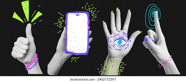 Collage element with funky doodle on transparent bg like png. Vintage vector set. Retro halftone effect. The gesture of hold phone, okay,, high five, touch screen