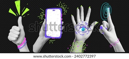 Collage element with funky doodle on transparent bg like png. Vintage vector set. Retro halftone effect. The gesture of hold phone, okay,, high five, touch screen