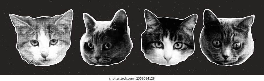 Collage element with funny cat heads. Set of retro elements in halftone style.