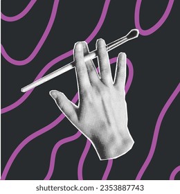 Collage element - halftone hand with brush on dark background. Vintage retro pop art effect, hand gestures, neon lines.