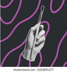 Collage element - halftone hand holds a brush, cut out of paper. Vintage retro pop art effect, hand gestures, neon lines.