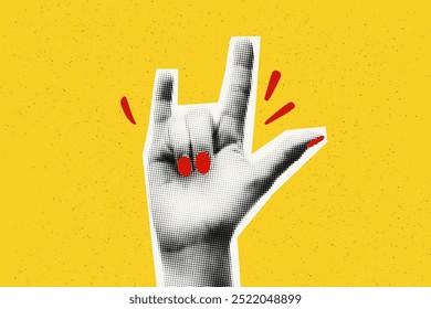 Collage element of halftone hand with rock, goat gesture against bold yellow textured background with copy space. Good, I love you sign. Cut out magazine shape. Grunge modern retro vector illustration