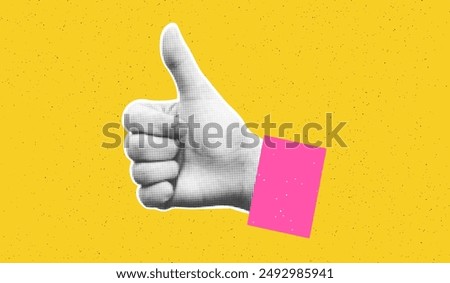 Collage element of halftone hand with thumb up against bold yellow textured background with copy space. Good, OK, okay, like sign. Cut out of magazine shape. Grunge modern retro vector illustration