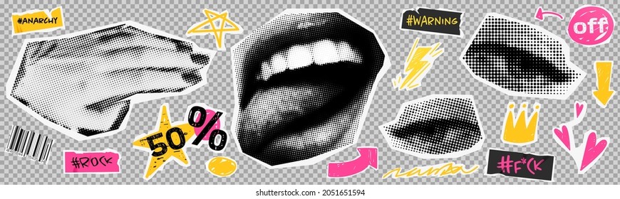 Collage element with hand and eyes and mouth with tongue and doodle element. Vintage vector set