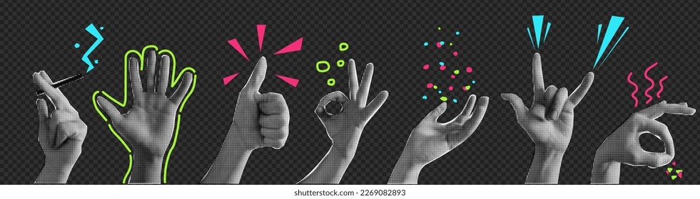 Collage element with hands and cutout shape and doodle element. Vintage vector set. Retro halftone effect. The gesture of smoking, okay, spices.  - Shutterstock ID 2269082893