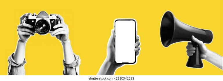 Collage element with hands and cutout shape and doodle element. Vintage vector set. Retro halftone effect. Hand gestures with the camera and the flag. Pack for advertising.  - Shutterstock ID 2310342533
